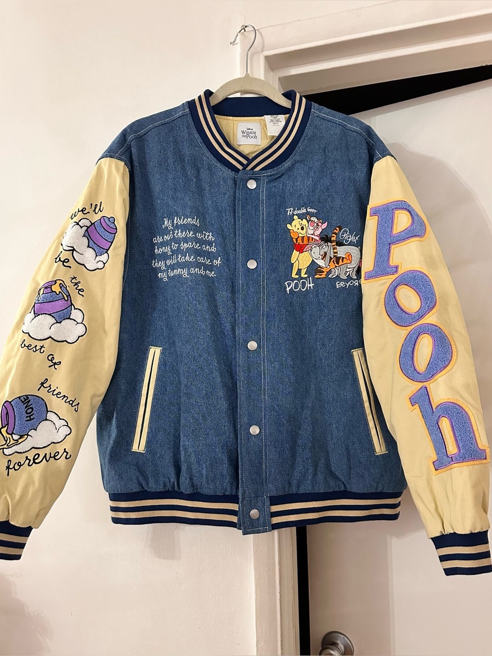 Disney Pooh Denim Jacket with Cream Sleeves and Purple Appliqué